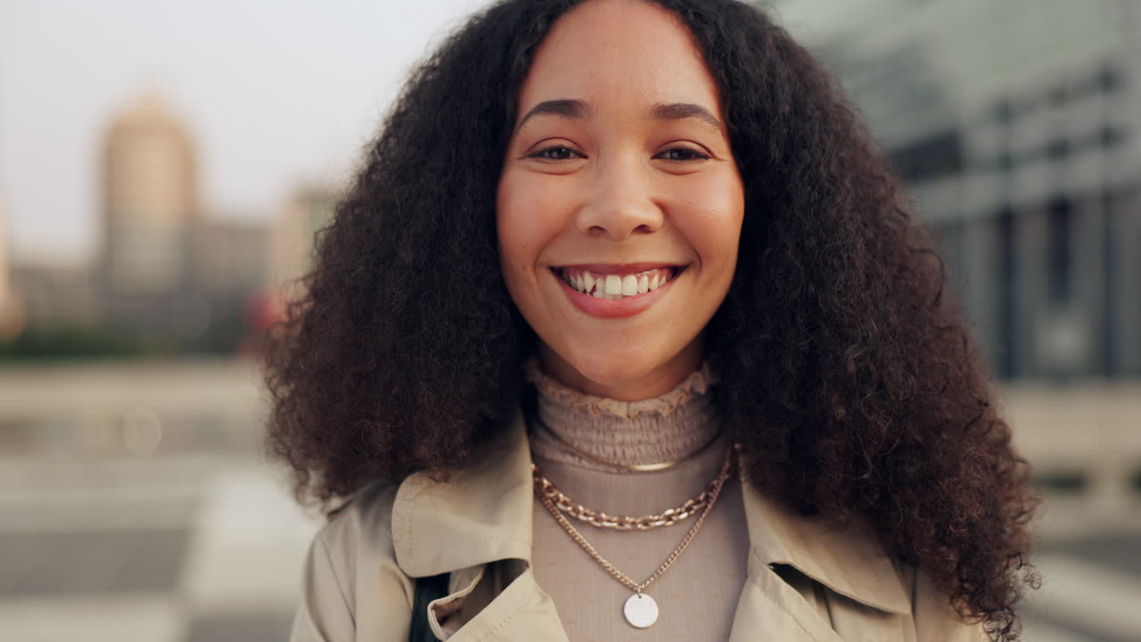 City, happy and face of business woman with smile