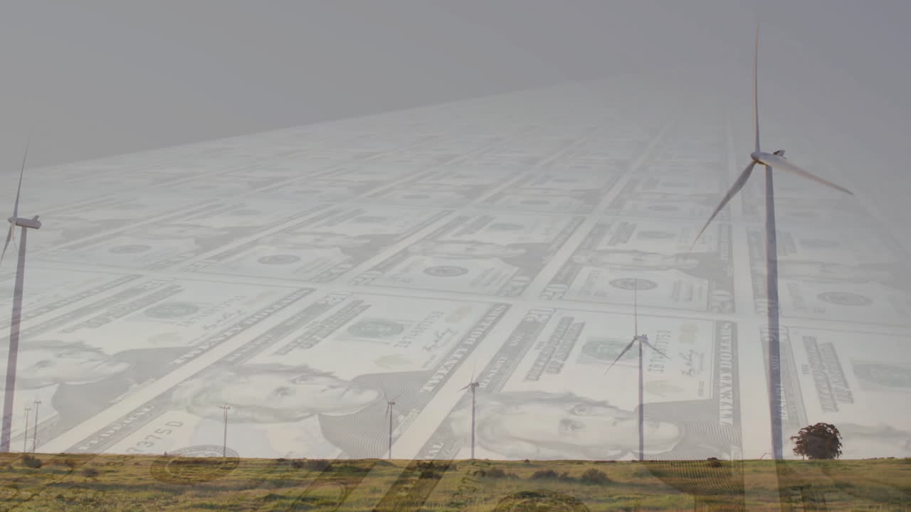 풍력 터빈은 잔디 에 달러 지폐 애니메이션과 함께 풍경