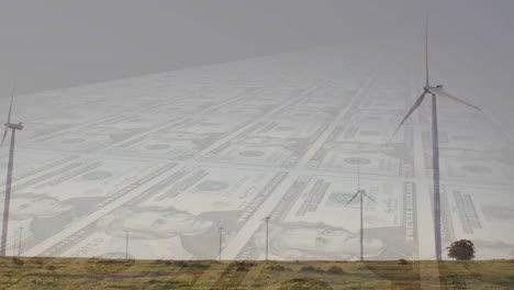 wind turbines on grassy field with dollar bills animation over landscape