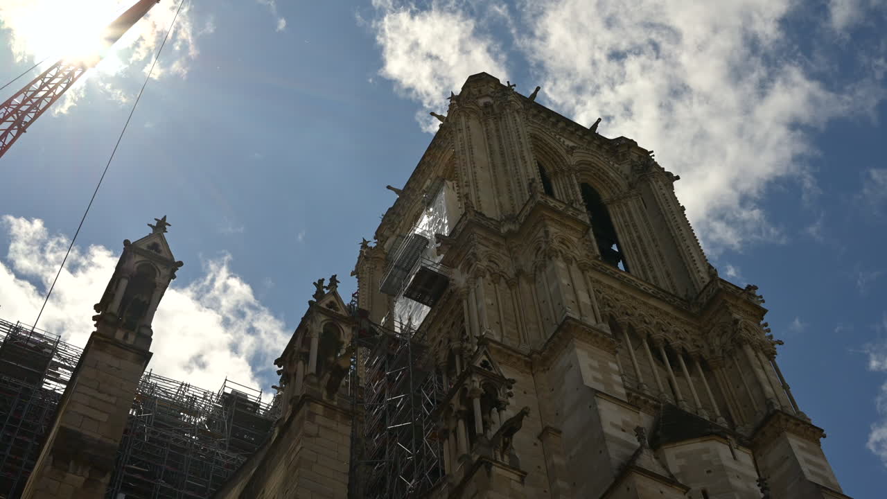 The Cathedrale Notre-Dame de Paris in France under reconstruction with the blue sky on the background