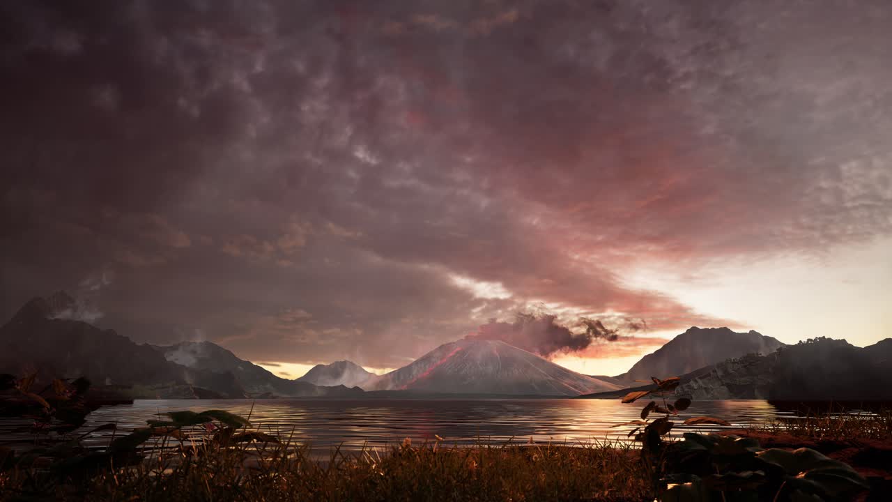 Beautiful Landscapes Of Smoke From The Volcano With Ocean, Sunset
