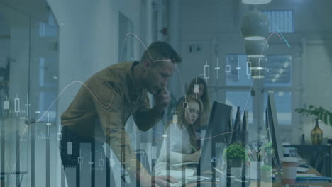 animation of financial data processing over diverse business people in office