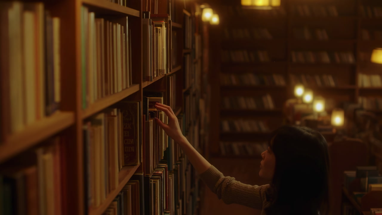 Student Reaching For Book On Bookshelf In Warm Library, Soft Lamp Lights And Deep Rows Of Volumes, Closeup