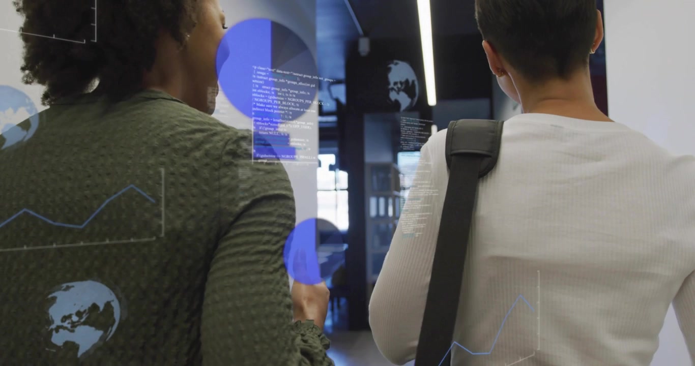 Women walking corridor, woman raising hand activating data overlays illustrating analytics talk
