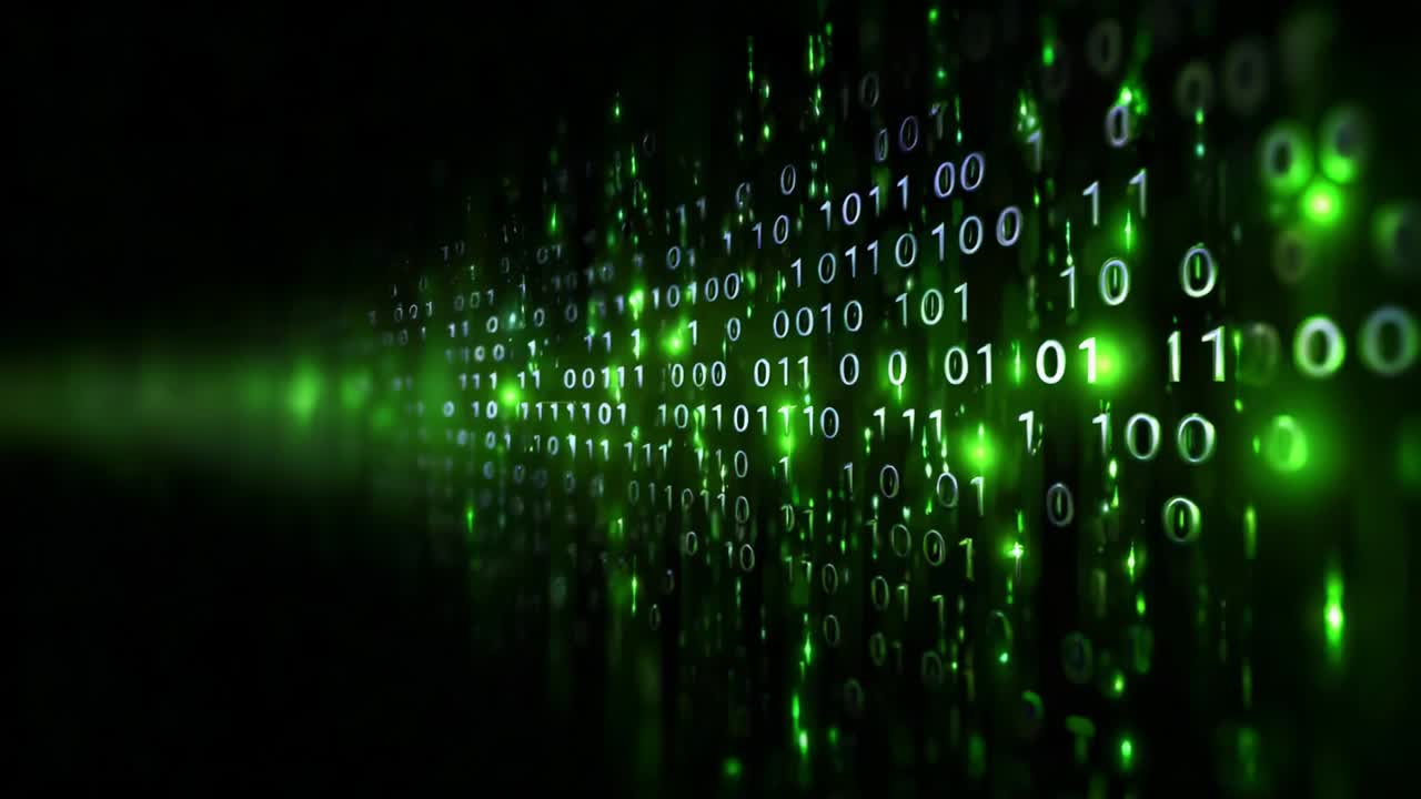 A mesmerizing journey through cascading green binary code streams, depicting the essence of digital communication and data transmission in a futuristic and vibrant landscape filled with glowing numbers