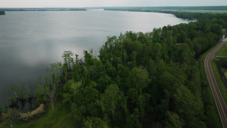 Reelfoot-lake-state-park-with-lush-greenery-and-winding-road,-tennessee,-usa,-aerial-view