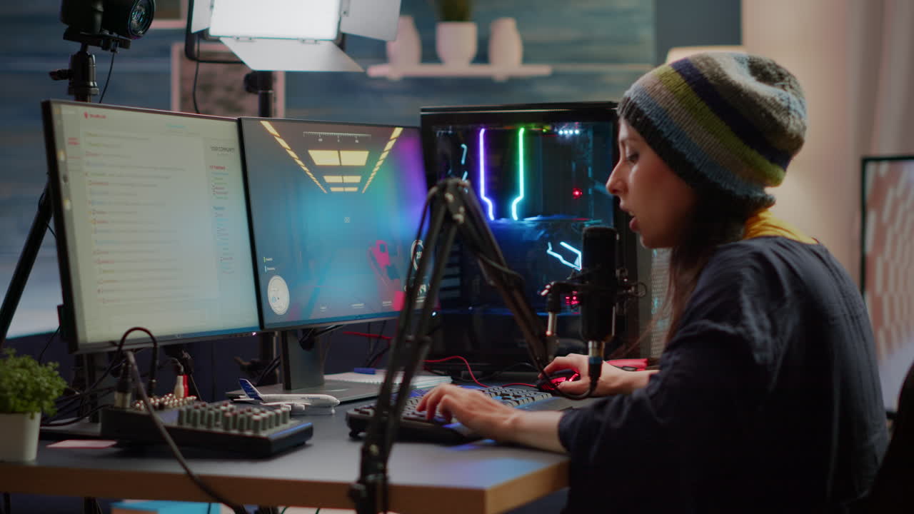 프로페셔널 여성 스트리머가 fps 게임을 하고 마이크로 이야기하고 있습니다.