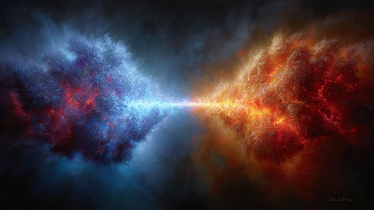Uno scontro cosmico: una rappresentazione artistica dell'interazione dinamica tra energia blu e rossa in un regno celeste, catturando l'essenza delle forze universali.