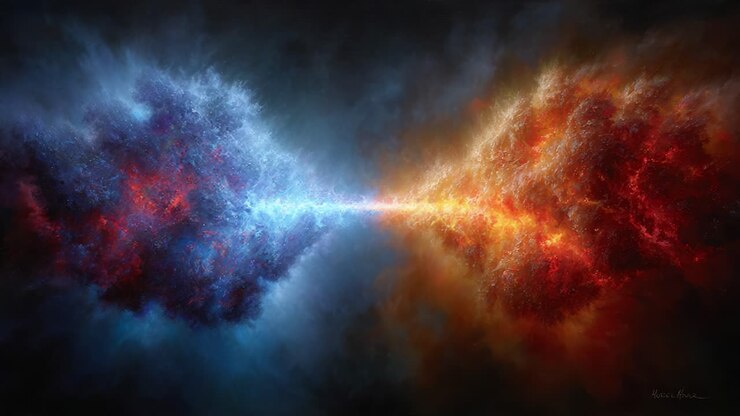 Um Confronto Cósmico: Uma Representação Artística da Interação Dinâmica Entre Energia Azul e Vermelha em um Reino Celestial, Capturando a Essência das Forças Universais