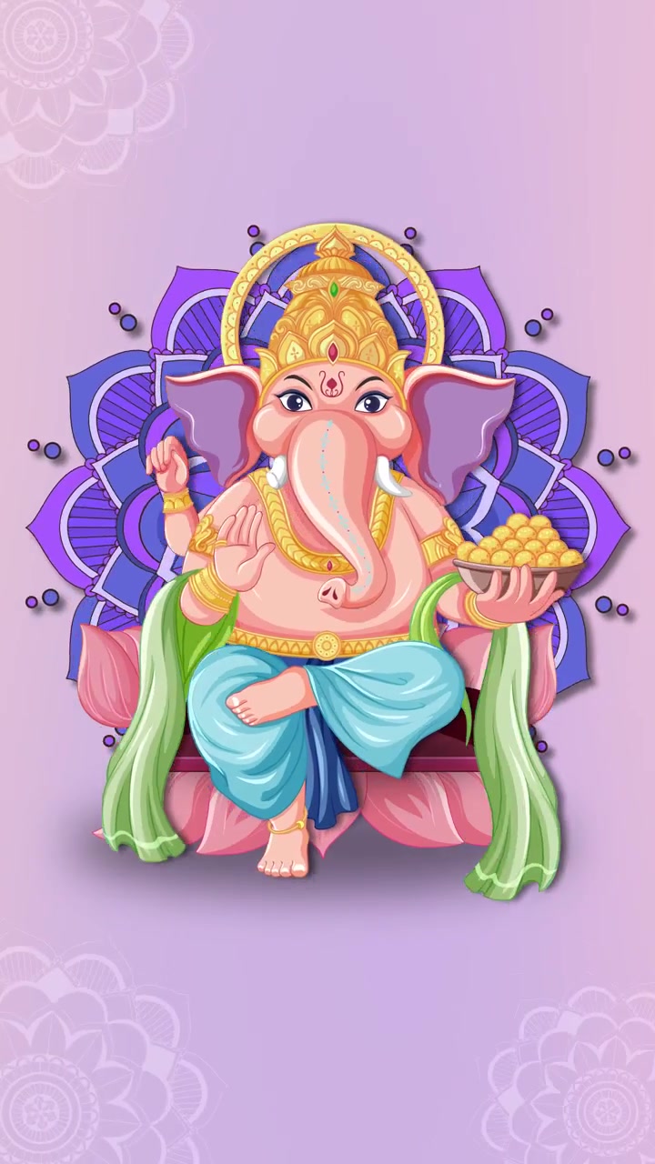 Un Ganesha colorato in stile cartone animato appare su uno sfondo sfumato rosa con motivi mandala viola rotanti