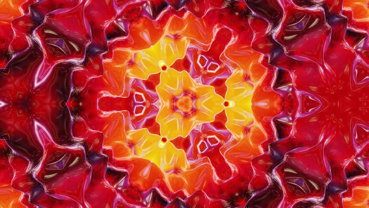 líquido rojo amarillo naranja patrón simétrico como caleidoscopio con ondas. 3d elegante bucle abstracto bg, estructura ondulada de vidrio líquido brillante con hermosos colores de gradiente. 4k