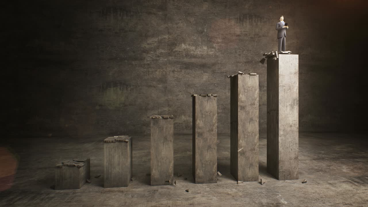 empresario en el aumento de la barra de hormigón gráfico, el mercado en aumento. animación 4k.