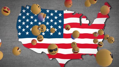 Animation-Von-Emojis,-Die-Mit-Amerikanischer-Flagge-über-Die-Karte-Von-Amerika-Fliegen