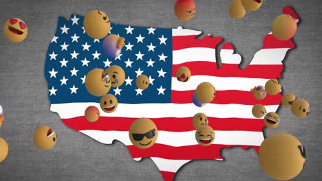 animación de emojis volando sobre el mapa de américa con la bandera estadounidense