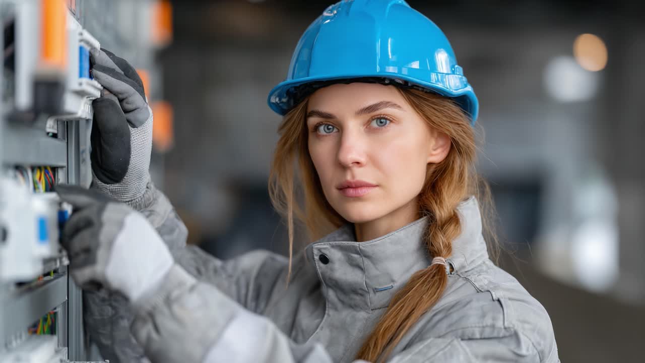 Focused Female Technician Adjusts Electrical Equipment with Expertise, Displaying Precision and Professionalism in Industrial Setting