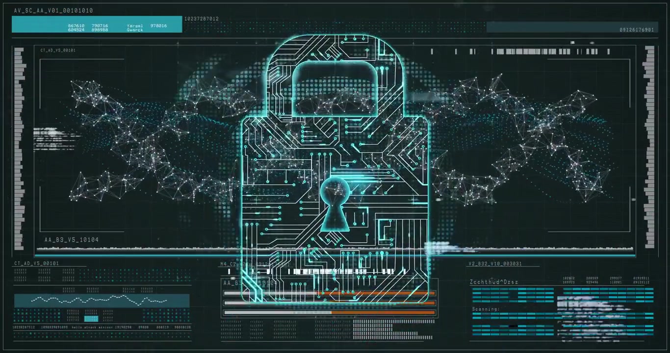 High-tech cybersecurity interface being rendered 3D, with glowing keyhole and scrolling data panels