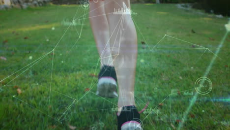 running on grass, fitness tracking data animation over legs in motion