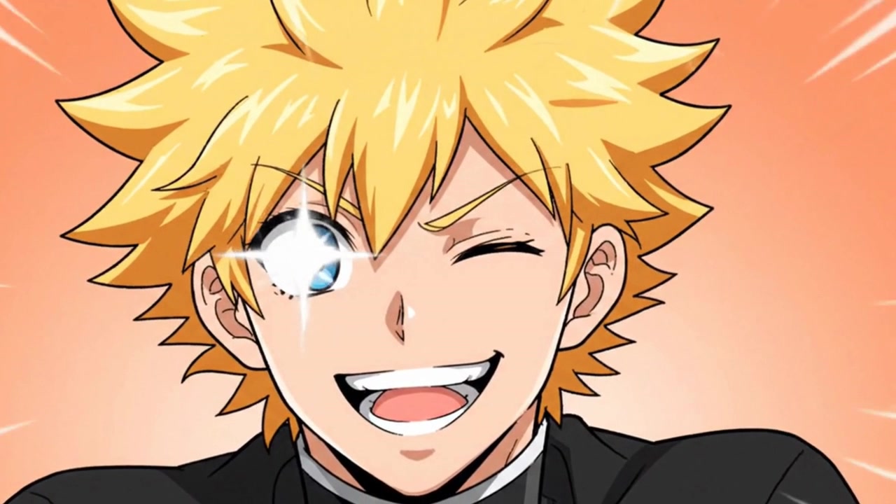 Personaje de chico anime con cabello rubio guiñando un ojo