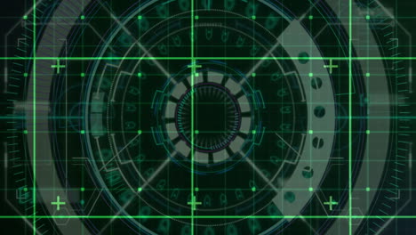 animation of futuristic digital interface with circular patterns and green grid lines