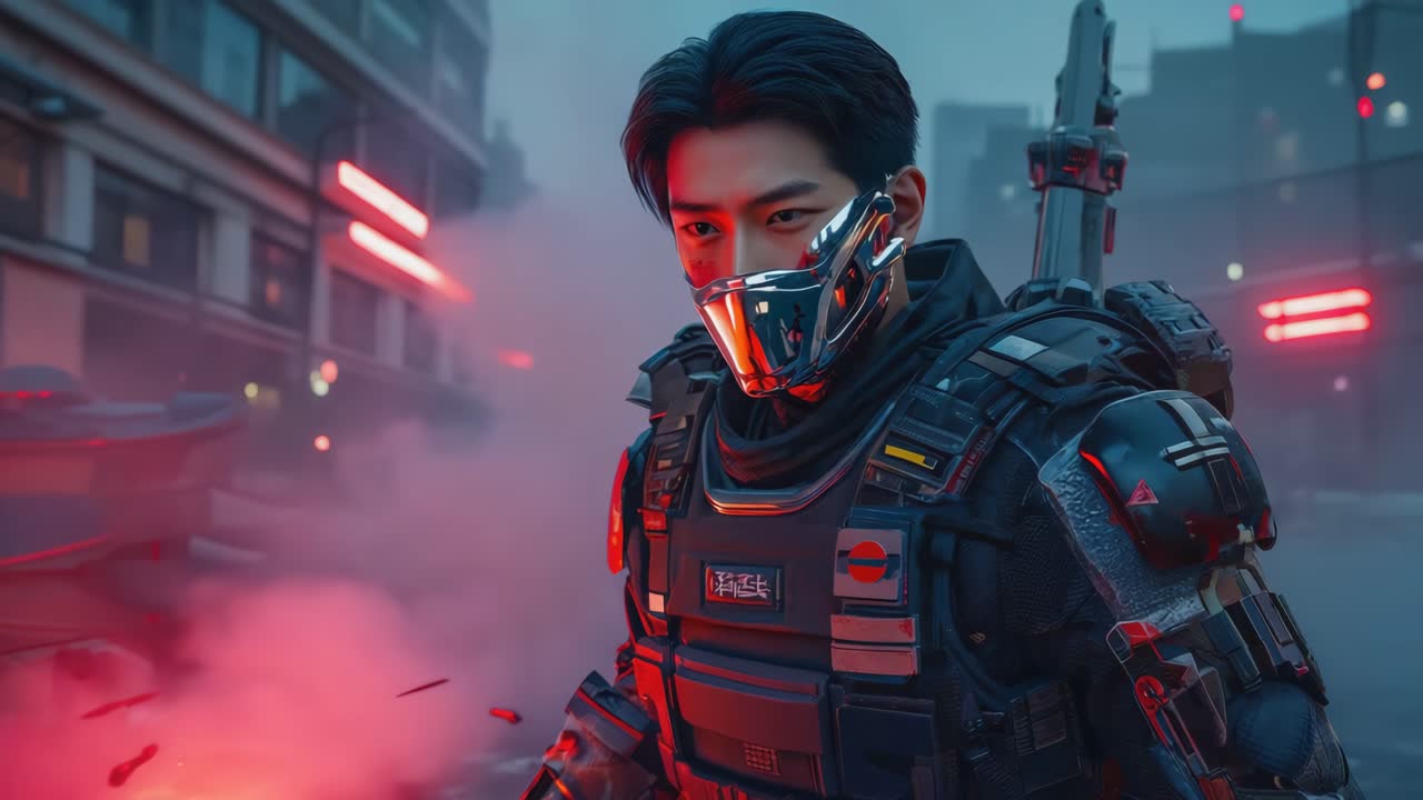 A Cyberpunk Soldier in a Futuristic City at Night