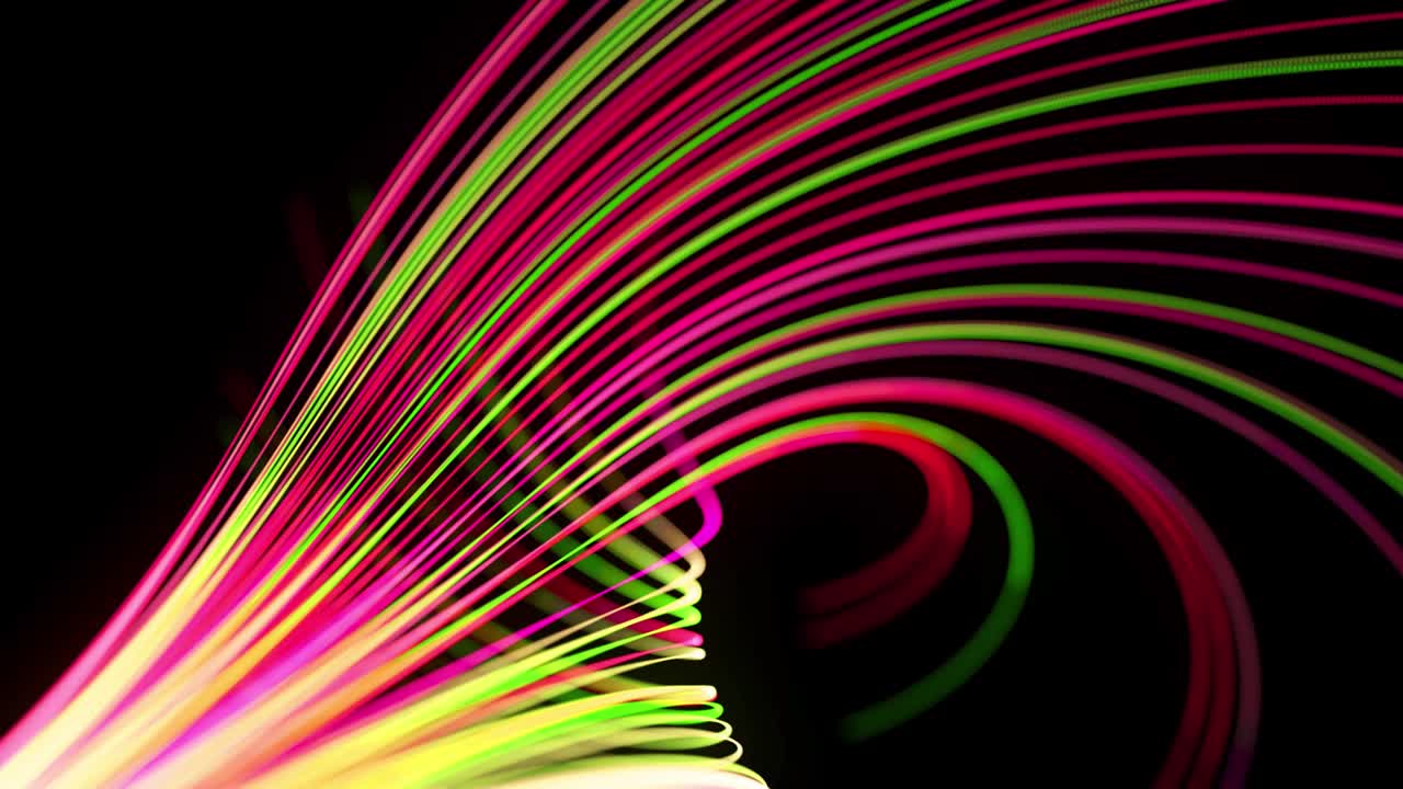 빛의 흐름: 4k에서 추상적인 루프 배경, 빛의 흔적, 공간에서 녹색, 빨간색, 노란색, 네온 선의 흐름은 나선형 모양을 형성하기 위해 움직입니다.