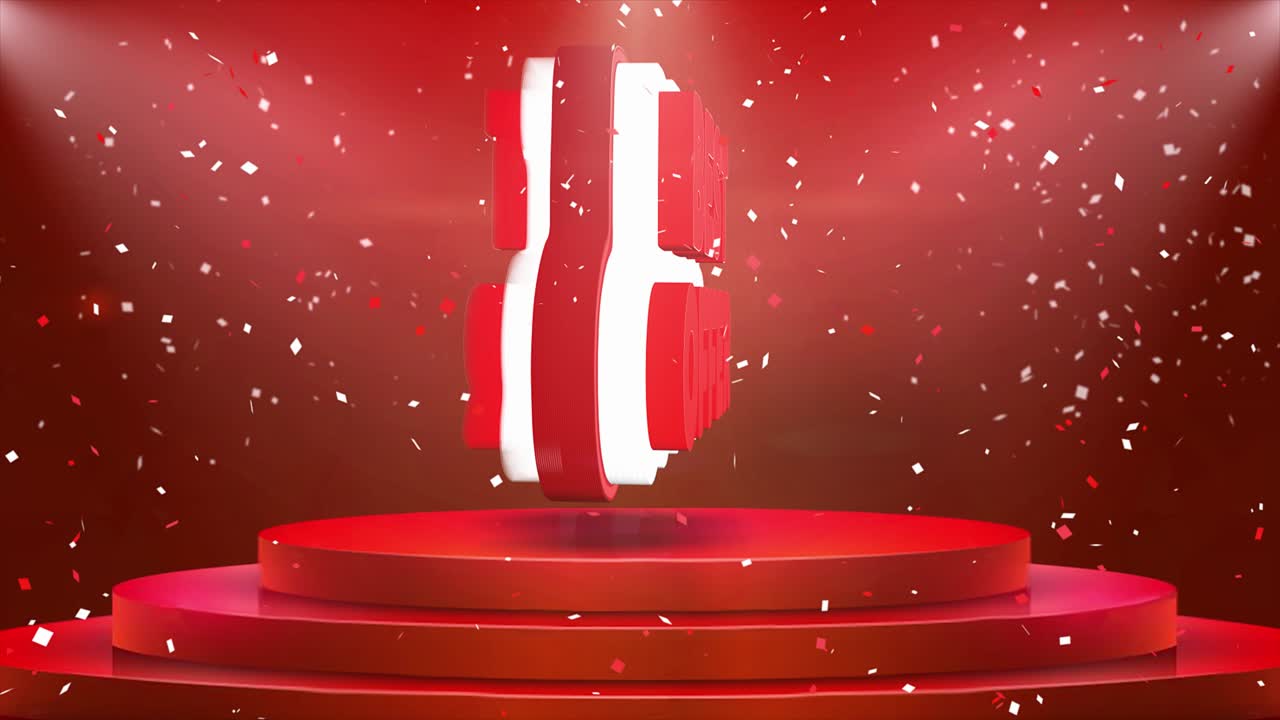 Best Offer Text Animation on 3d Stage Podium Carpet. Reval Red Curtain With Abstract Foil Confetti Blast, Spotlight, Glitter Sparkles, Loop 4k Animation.