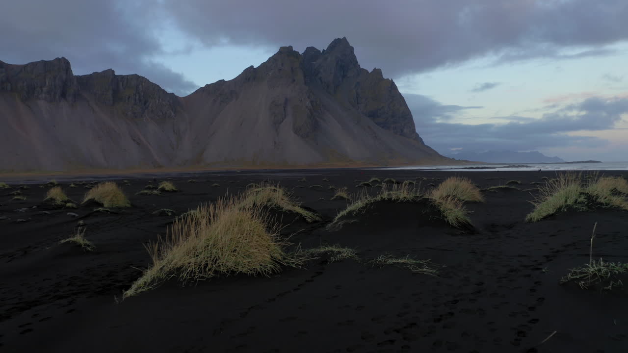 Aerial view of Vestrahorn at Stokksnes beach during dusk