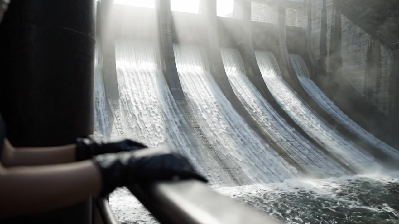 Een glimp van sereniteit: Een persoon met zwarte handschoenen observeert water dat over een dam stroomt, verlicht door zacht licht in een betoverende, mistige sfeer.