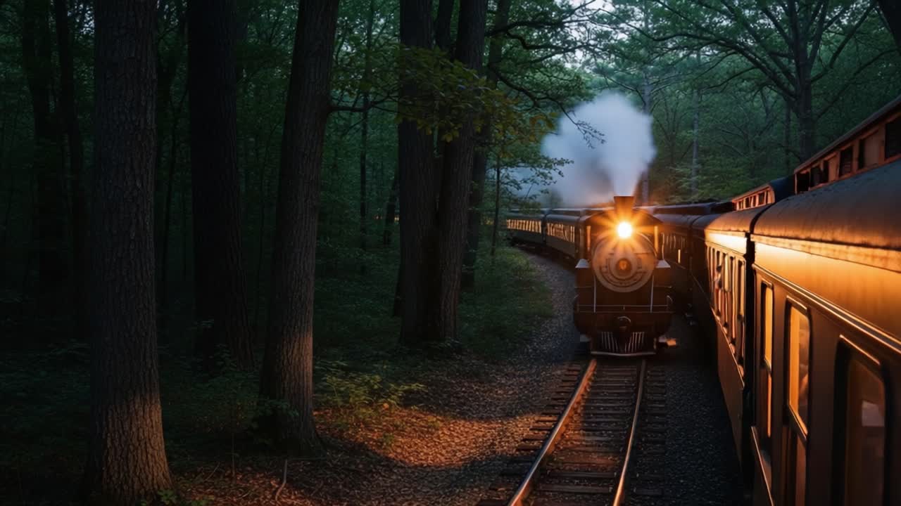 A Majestic Steam Train Traverses Through a Lush Forest at Dusk, Emitting Plumes of Smoke and Illuminating the Surroundings with Warm Light