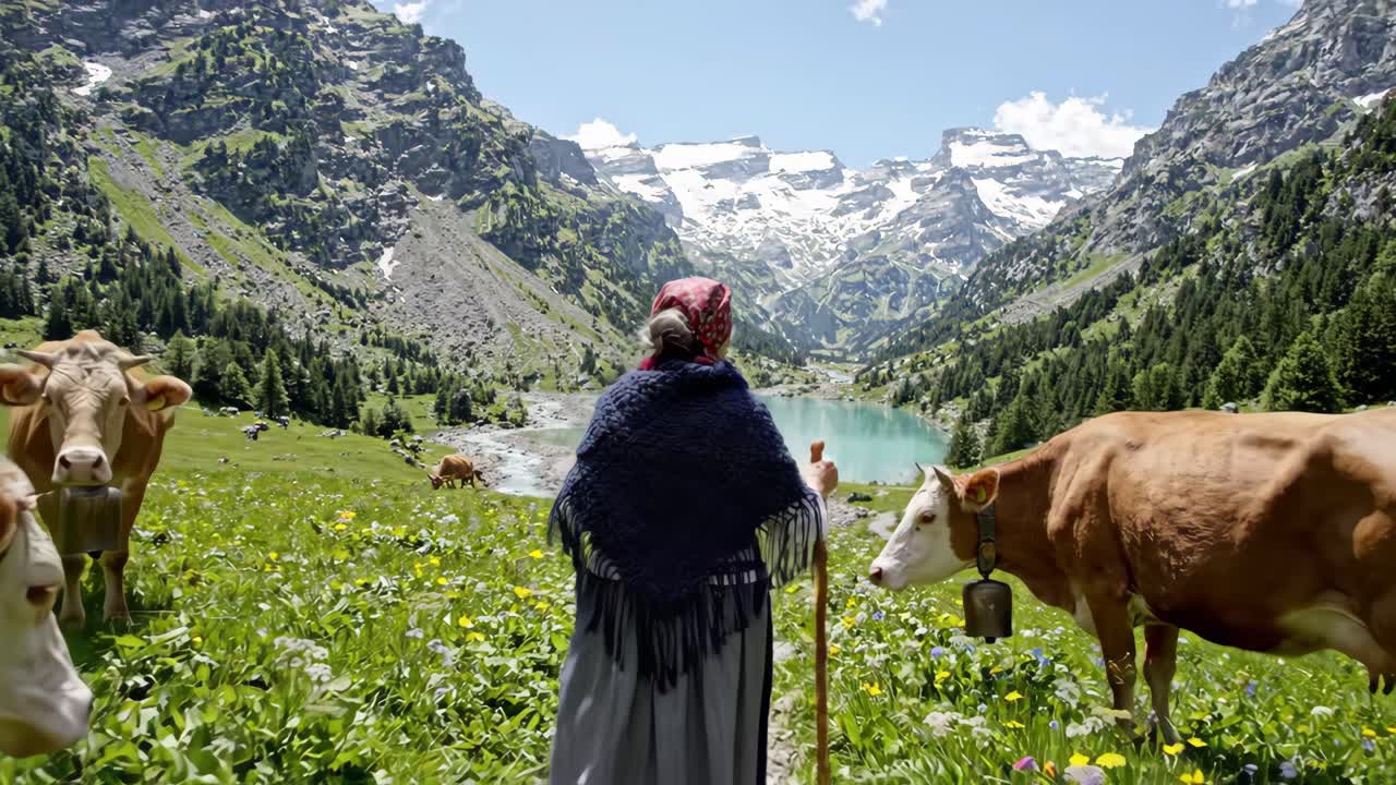 Schäferin und Kühe in idyllischem Alpental mit türkisfarbenem See