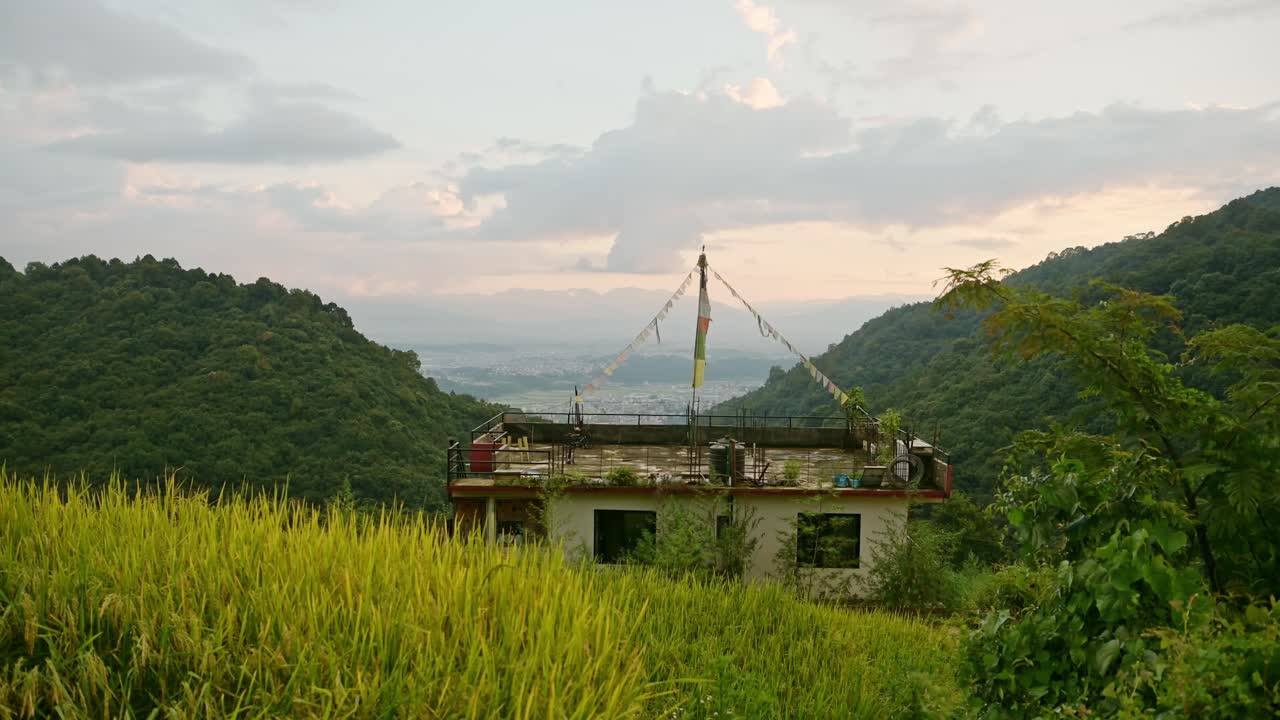 Pady Fields and Kathmandu City Sunset, Rural Landscape Scenery in Nepal with Rice Fields Paddies and Paddy Fields Terraces in a Rural Village in Kathmandu Valley with the City Behind