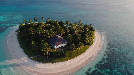 aerial view of a secluded tropical island paradise with palm trees, white sand beach, and a charming house, creating a serene and idyllic vacation getaway