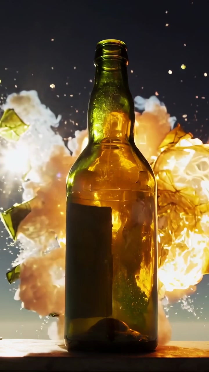 Vertical video: Flare sparking green bottle glowing from fireball on base, shards flying for camera
