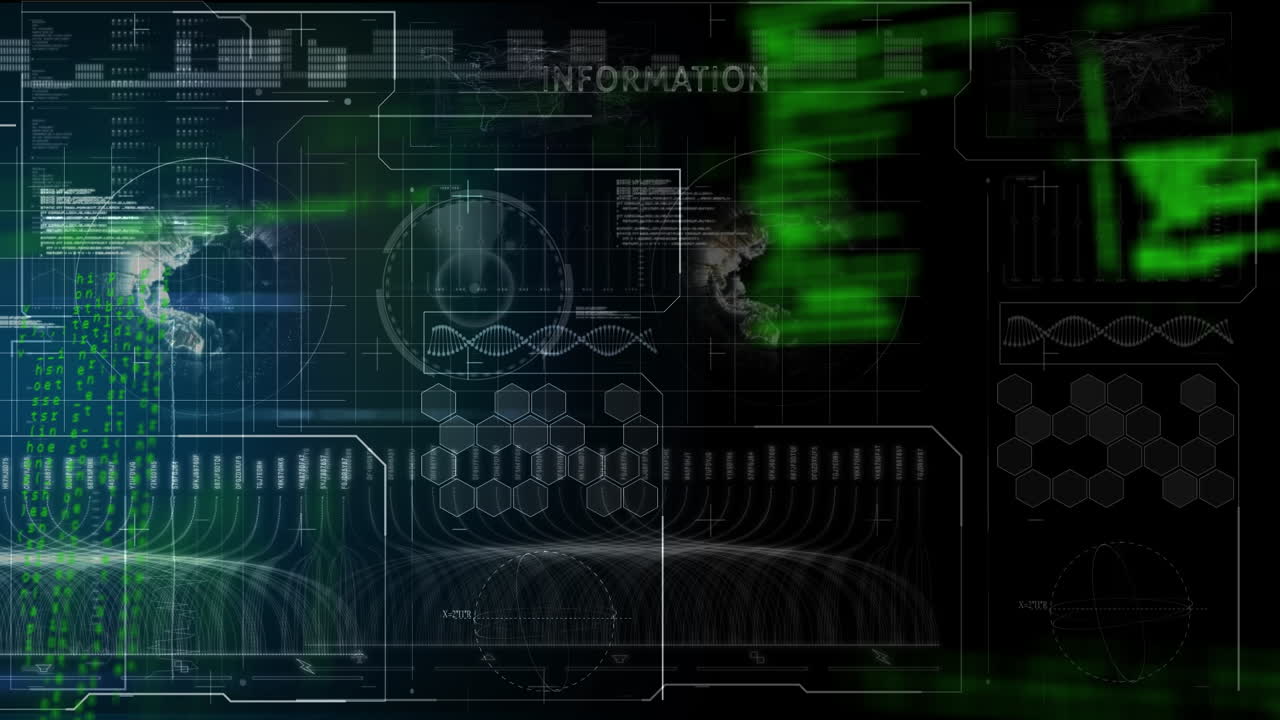 Animation of interface with scanner, world map and green processing data