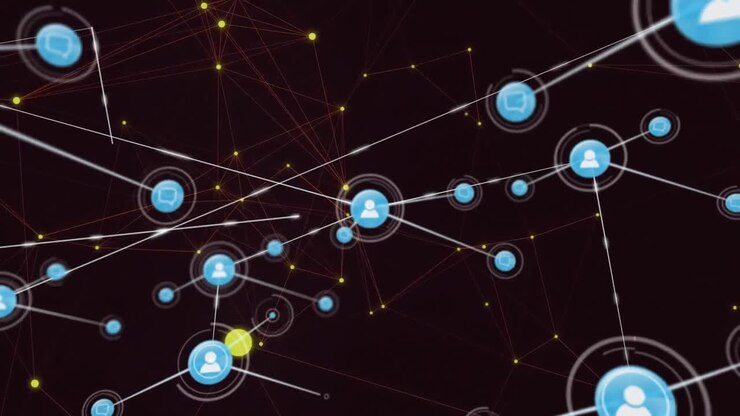 Animazione di una rete di connessioni con icone digitali su macchie gialle