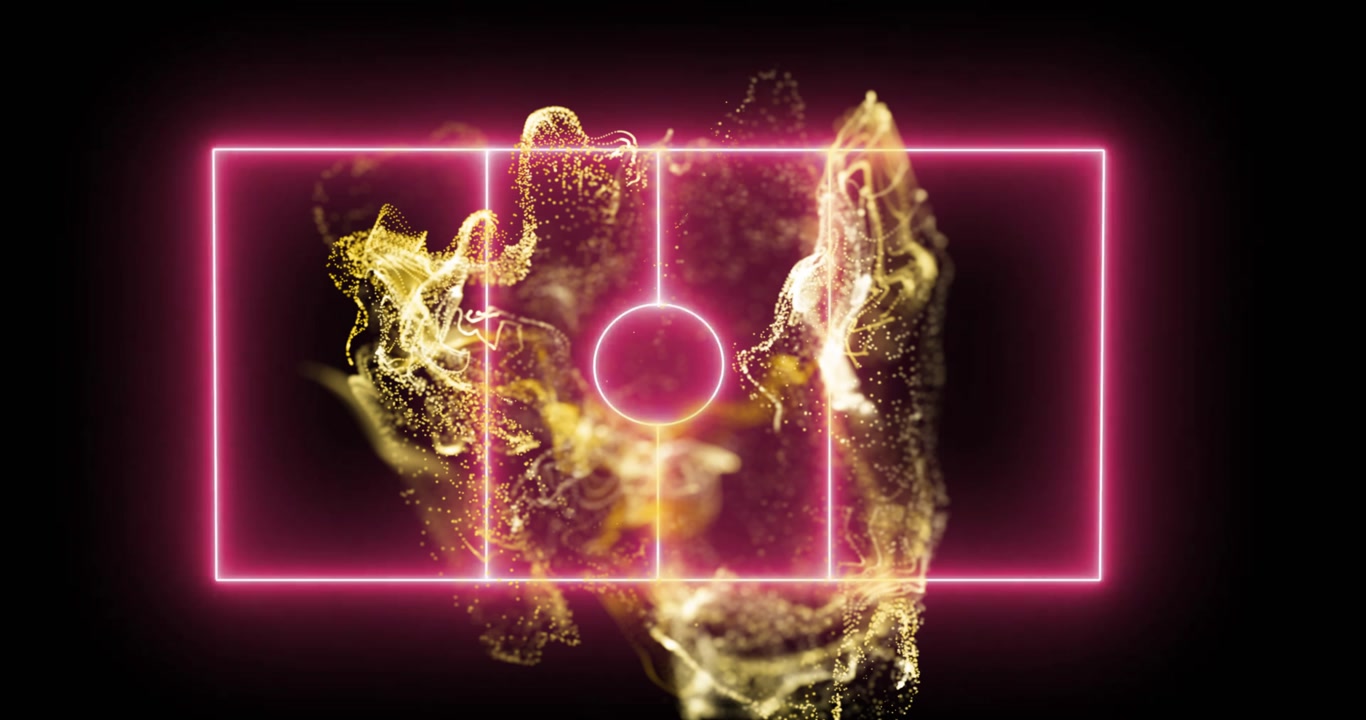 Animation of network of yellow particles over pink neon basketball court on black background