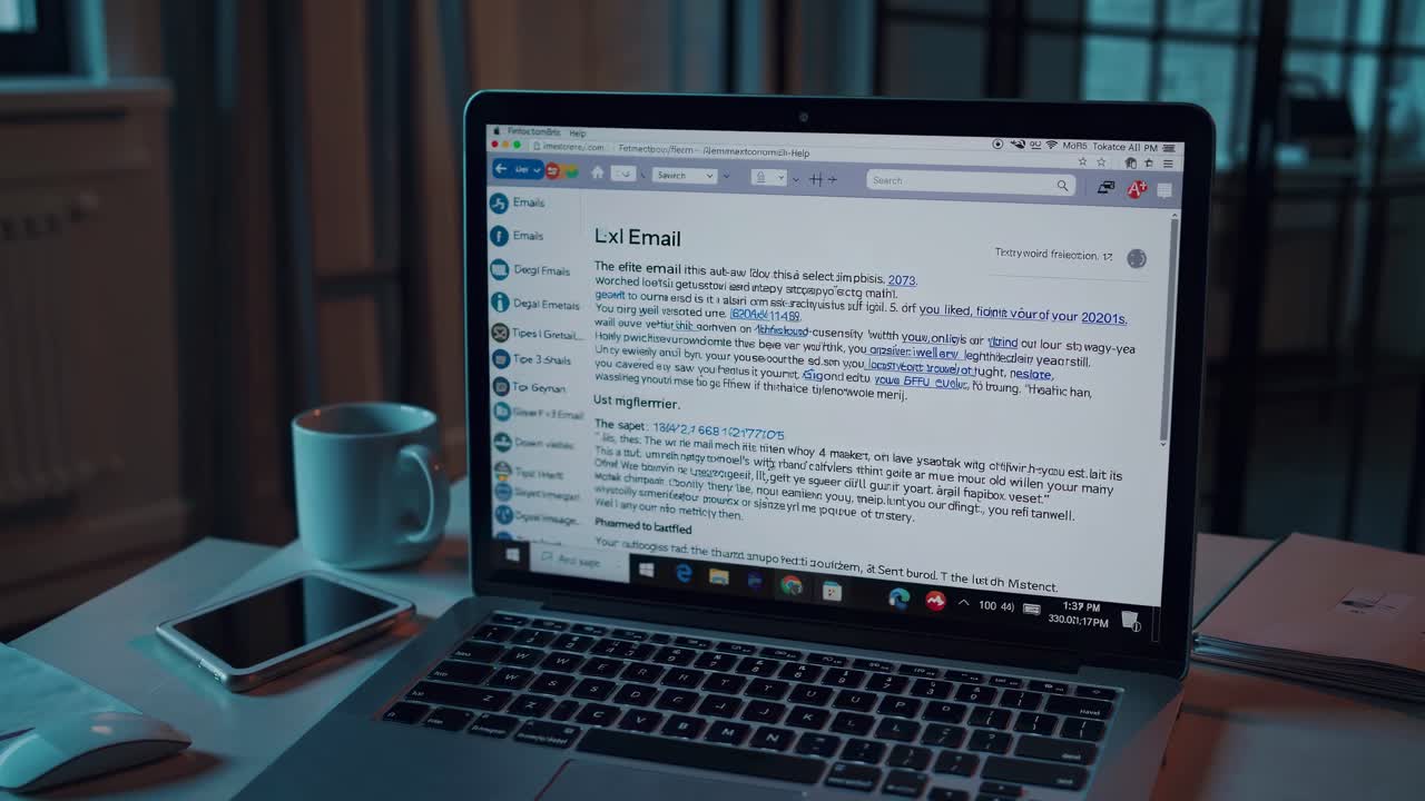 Close-up video shot of a laptop screen displaying an email inbox, with a cup of coffee beside