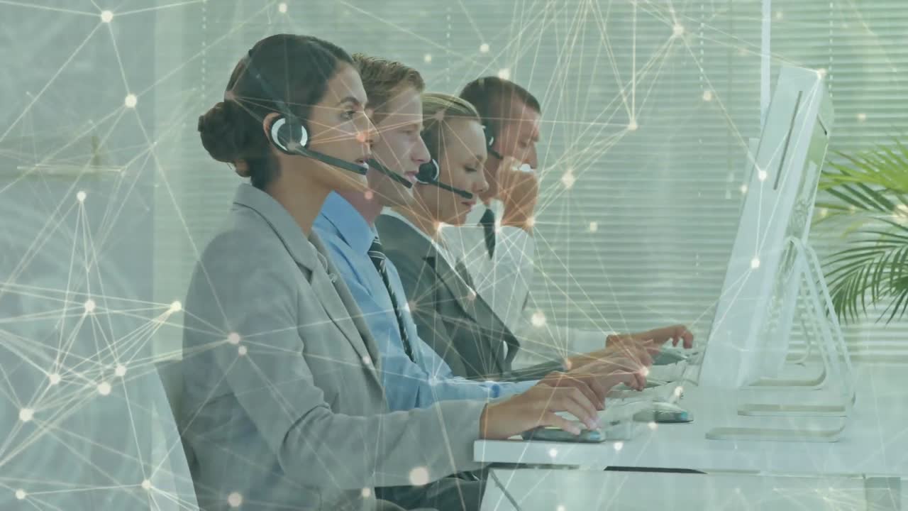 전화 헤드 ⁇ 을 사용하는 비즈니스 사람들을 통해 연결 네트워크의 애니메이션