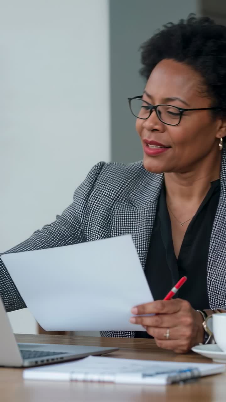 Vertical video: Glancing at laptop, woman in blazer marking paper at desk with red pen for review
