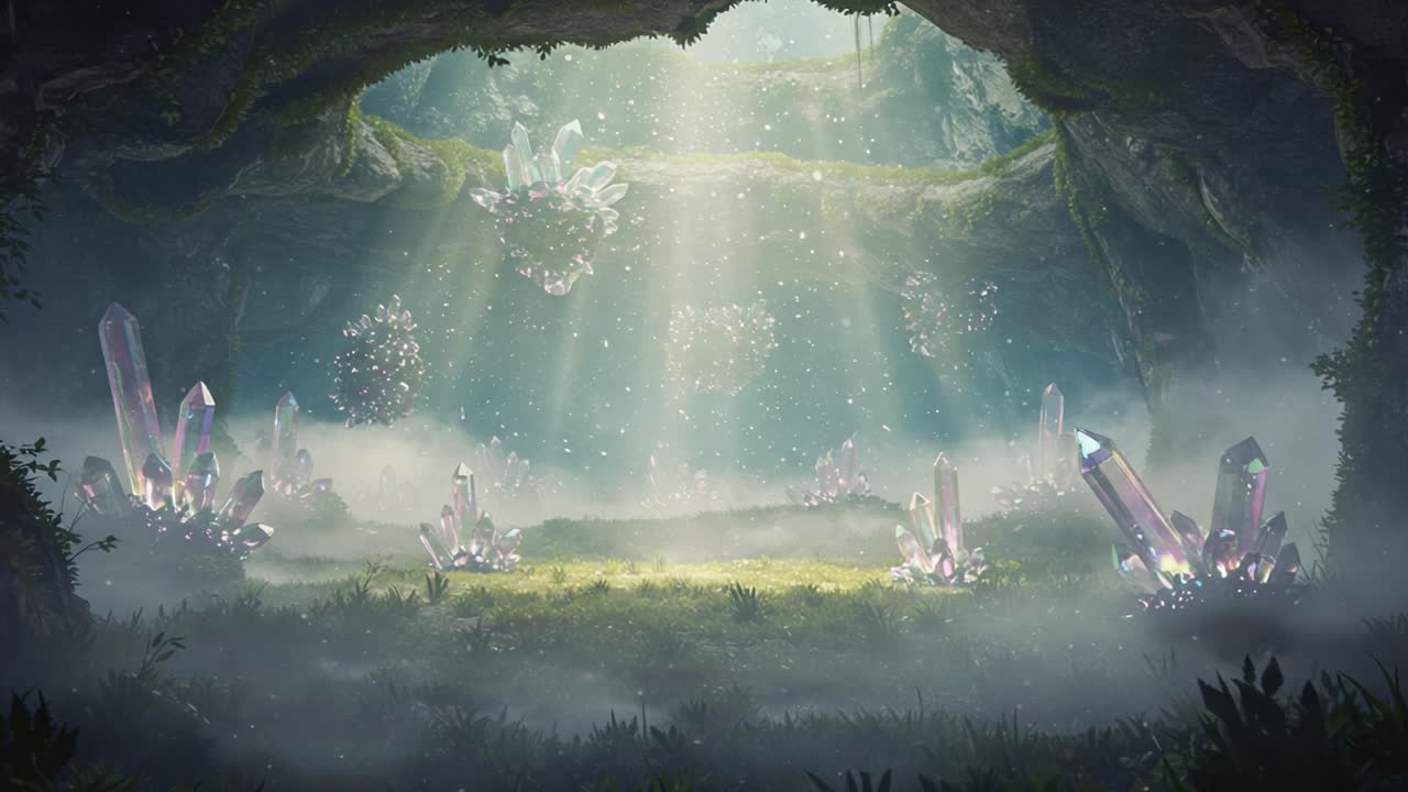 A Stunning Cavern Illuminated by Ethereal Light, Showcasing Majestic Crystals and Enchanting Nature, Creating a Mystical and Serene Atmosphere in the Depths of the Forest