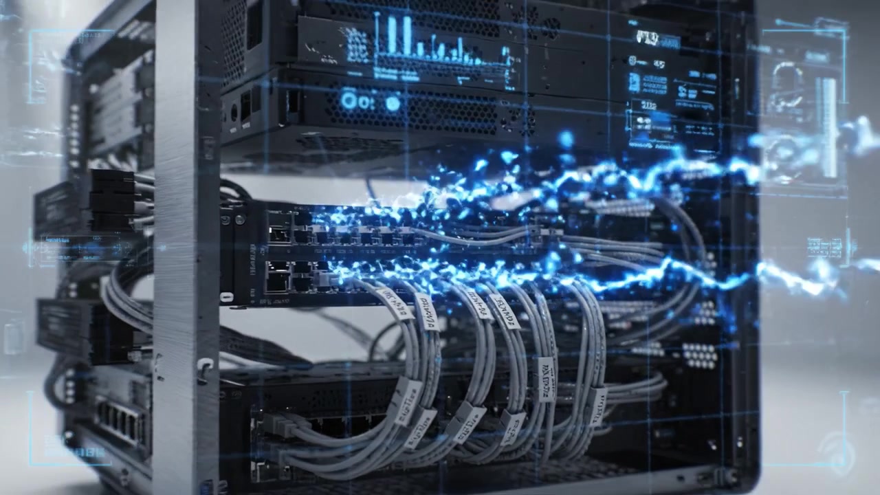 Advanced Computer Server Rack with High-Tech Cable Management and LED Lighting Showcasing Internal Components and Connectivity in a Modern Data Center Environment