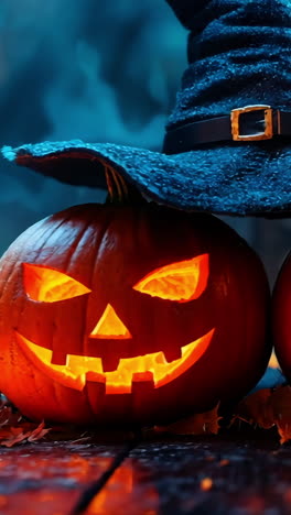 two pumpkins with scary faces and a witch's hat on top of them. the scene is set in a dark, mysterious atmosphere