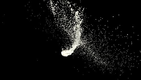 milk splashes whirl 3d realistic footage. white fluid drops and splatters isolated on black background. liquid droplets twirling effect close up animation. acrylic paint twist dynamic video