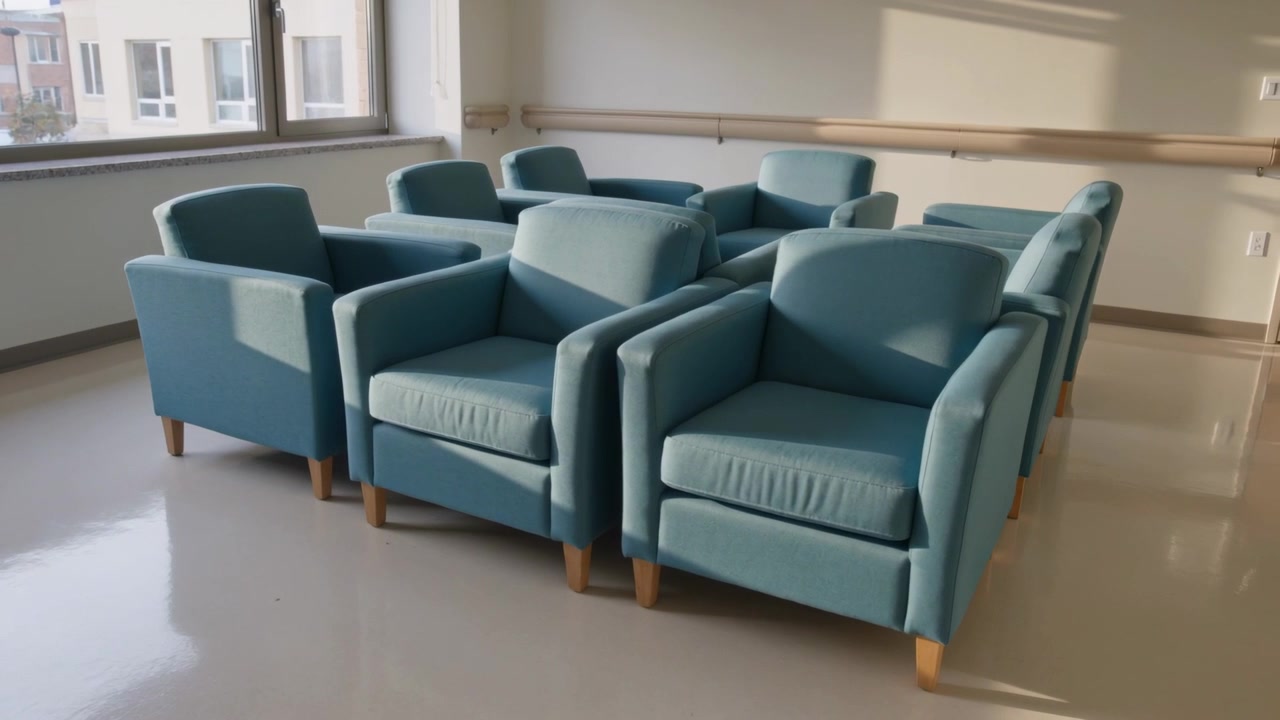 Cámara panorámica moviéndose hacia adelante y a la derecha, centrando sillones verde azulado en el salón para revelar una ventana.