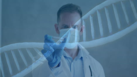 la estructura del adn gira en contra del médico masculino que usa una máscara y tiene la vacuna contra la covid-19
