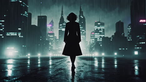 woman walking in a rainy cyberpunk city