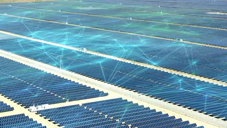 datos de luz solar que se mueven a través de un campo lleno de células solares fotovoltaicas - render cgi