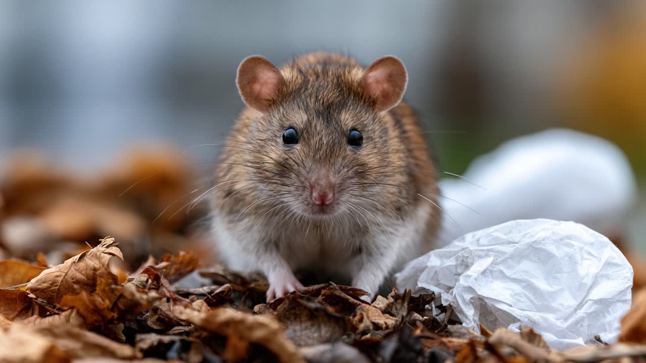Un incontro ravvicinato con un roditore curioso tra foglie autunnali e detriti, catturando i suoi movimenti intriganti in un ambiente naturale.