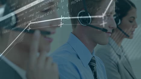 animazione dell'elaborazione dei dati finanziari su diversi colleghi utilizzando cuffie telefoniche e computer