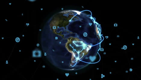 animation of network of connections with icons over globe on black background